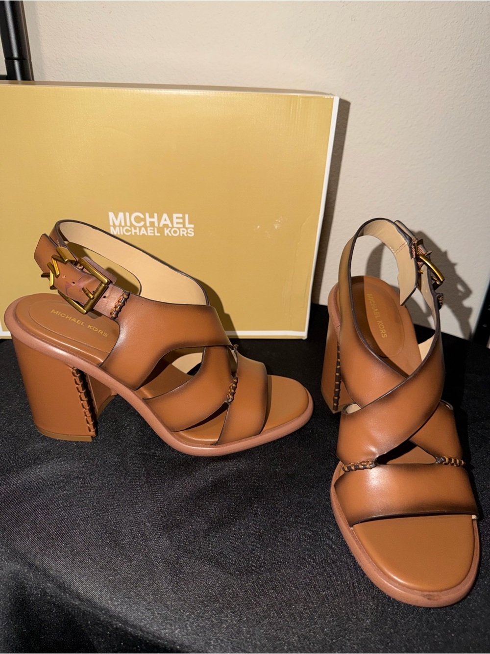 Michael Kors “RAVEN” Burnished leather block heel sandals
